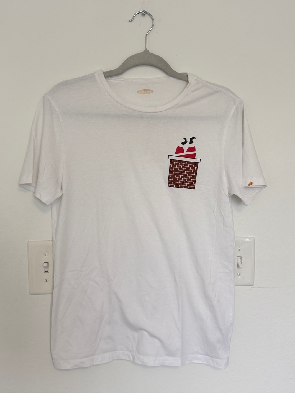 White Graphic Tee with Santa Chimney Pocket